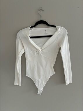 Aura White Twist-Front Long Sleeve Ribbed Bodysuit